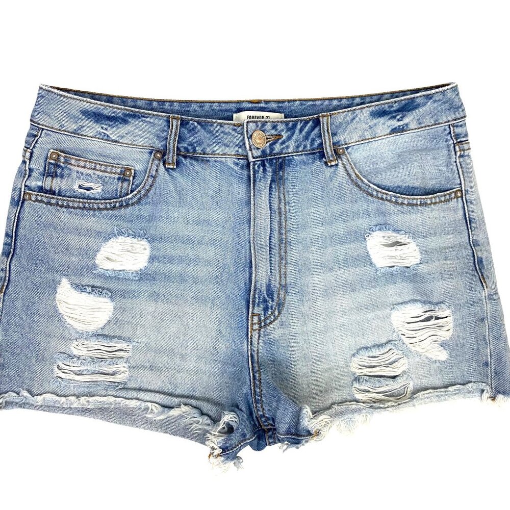 Forever 21 Distressed Frayed Blue Denim Shorts Closet Staple Spring Summer Sz 29